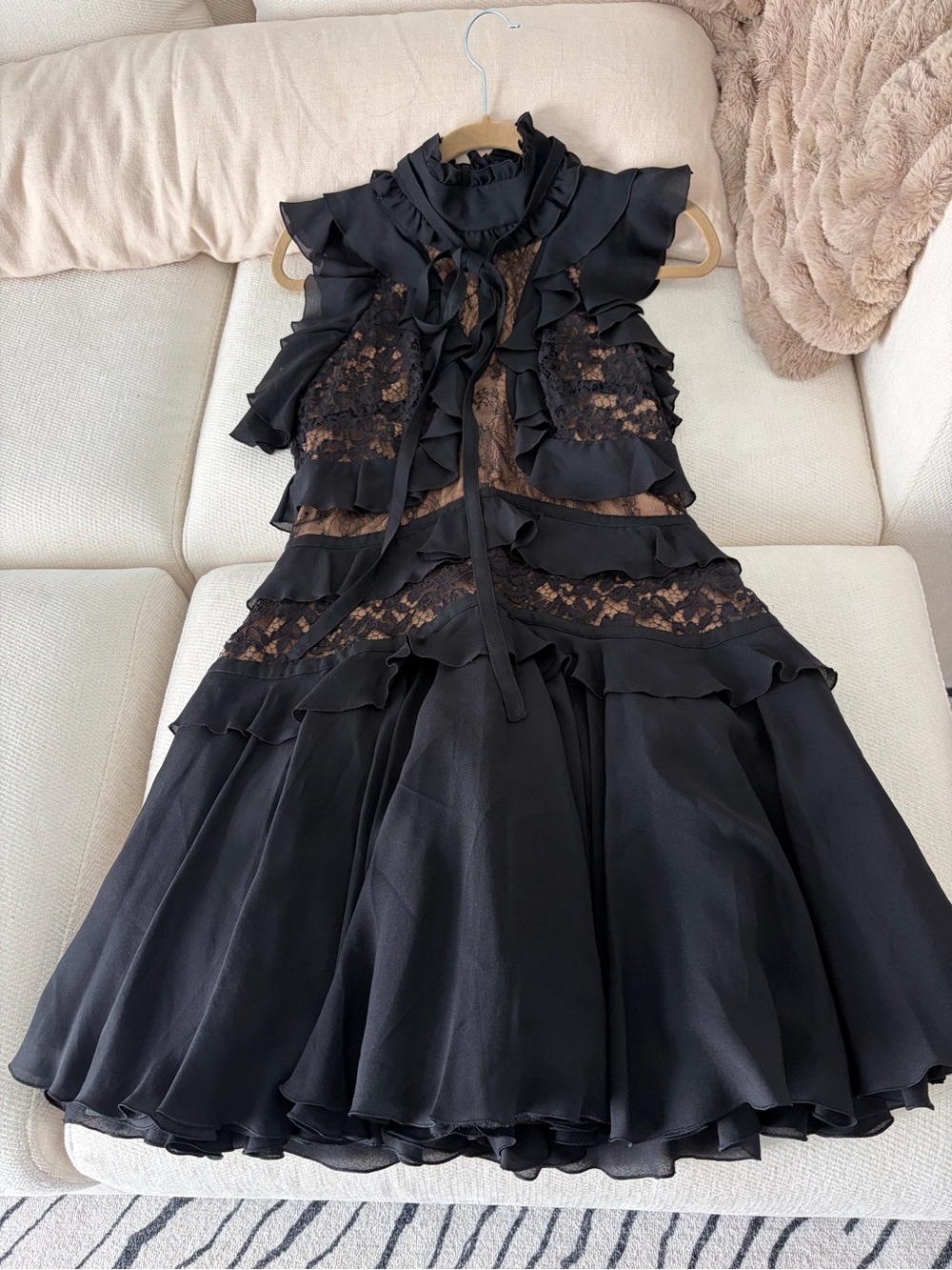 Elie Saab Black Ruffle & Lace Mini Dress